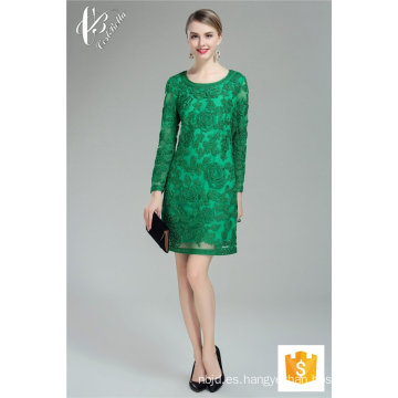 Lace Applique Cuello redondo Negro Verde Vestido Casual Vestidos Mujer Verano